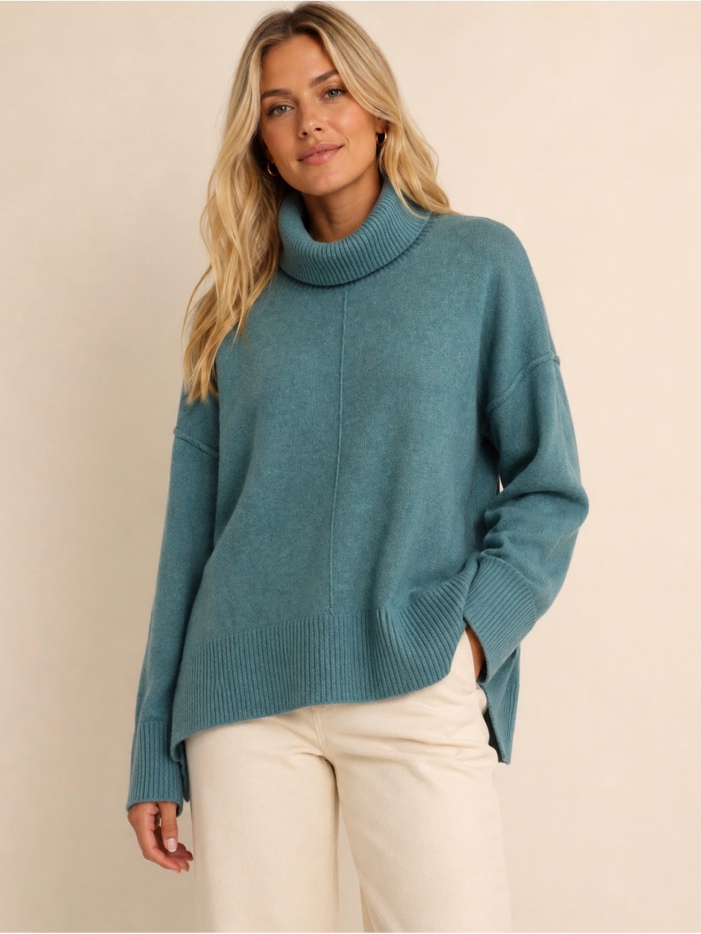 Max Studio Teal Two-Ply Cashmere Turtleneck Sweater size L